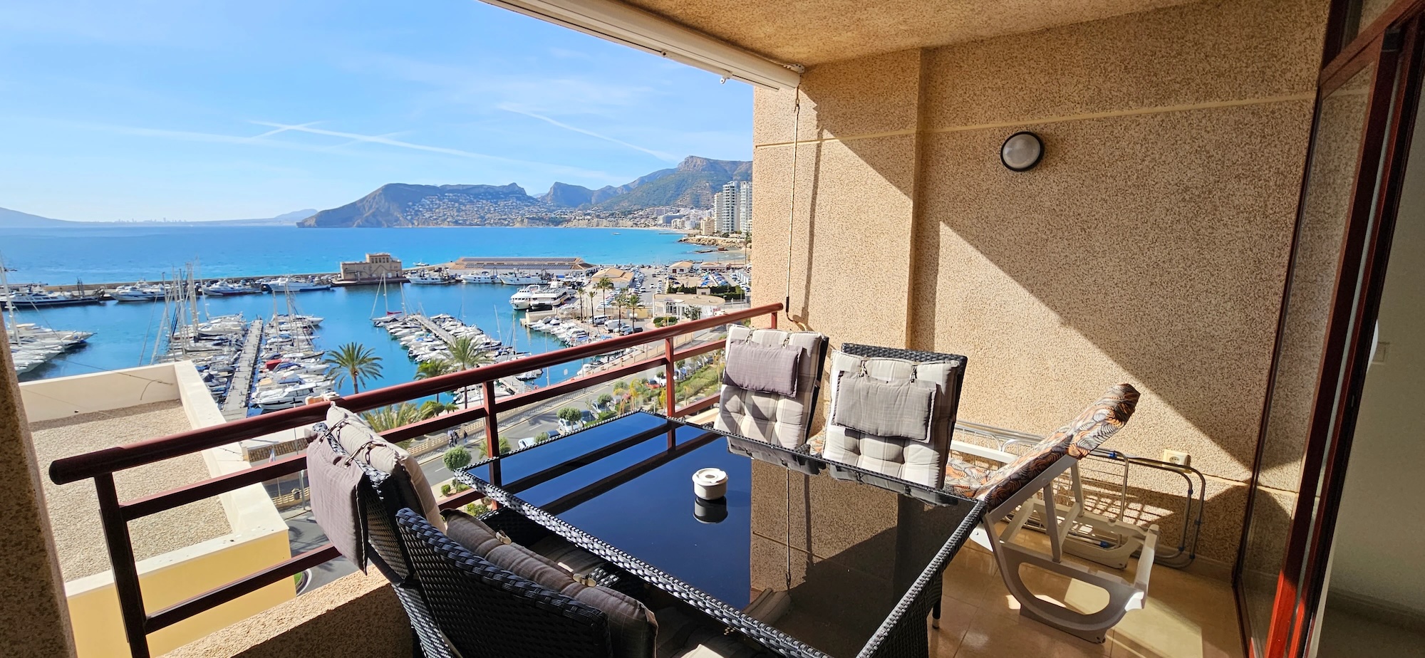 Balcony view from Apartment Marina overlooking Calpe marina and the Mediterranean